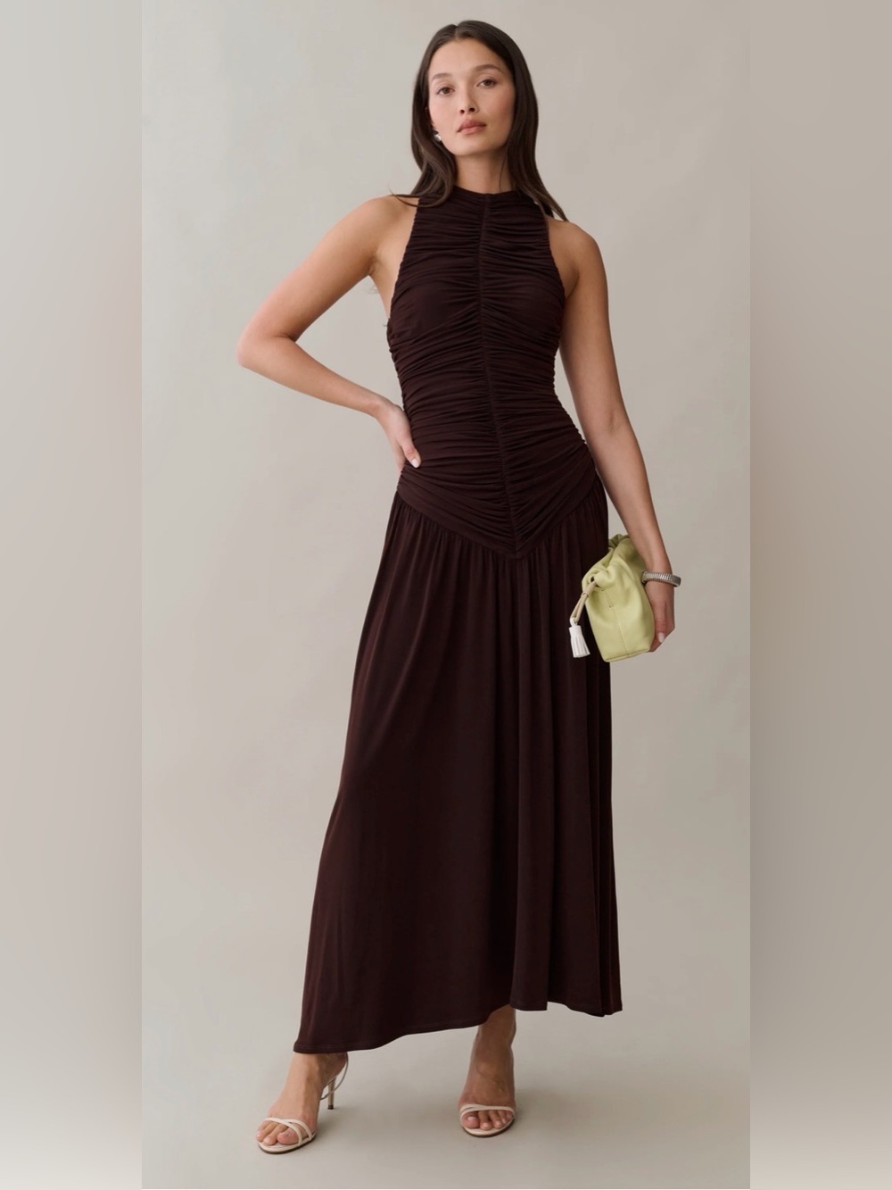 Sleeveless Ruched Maxi Dress in Dark Brown